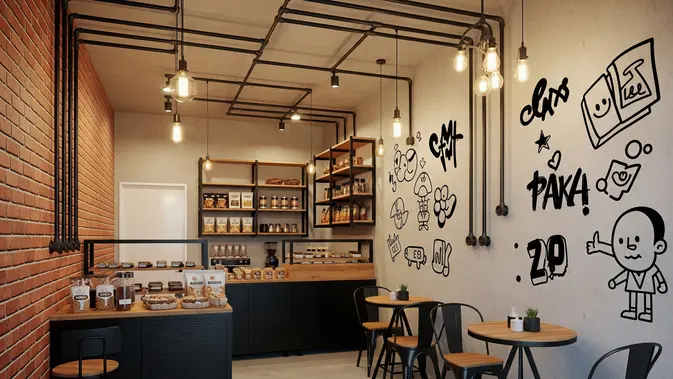 Gaya Industrial Raw dengan Sentuhan Seni Jalanan/Desain Warung Jajanan Kekinian di Rumah Dengan Konsep Cafe Mini (Sumber: gemini.com)