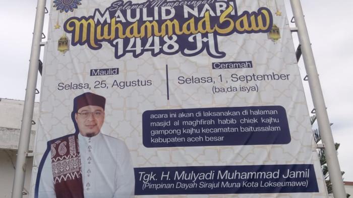 PENCERAMAH - Dai kondang Aceh, Tgk Mulyadi Jamil, dari Lhokseumawe akan bertindak sebagai penceramah maulid di halaman Masjid Al-Maghfirah Habib Chiek Kajhu, Gampong Kajhu, Kecamatan Baitussalam, Aceh Besar, Selasa (1/9/2026) malam.