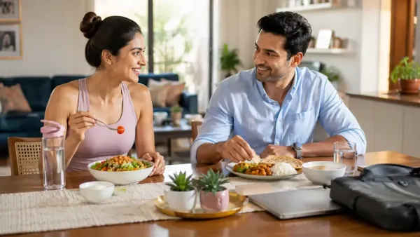 Indian couple with different diets and routines enjoying their own meals