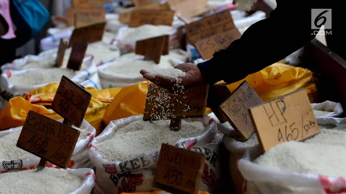 Pedagang melihat beras dagangannya di Pasar Induk Cipinang, Jakarta, Senin (25/9). Pedagang beras Cipinang sudah menerapkan dan menyediakan beras medium dan beras premium sesuai harga eceran tertinggi (HET). (Liputan6.com/Angga Yuniar)