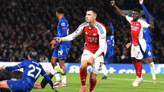 Selebrasi pemain Arsenal, Gabriel Martinelli saat melawan Chelsea pada pekan ke-11 Liga Inggris, Senin (11/11/2024) dini hari WIB.