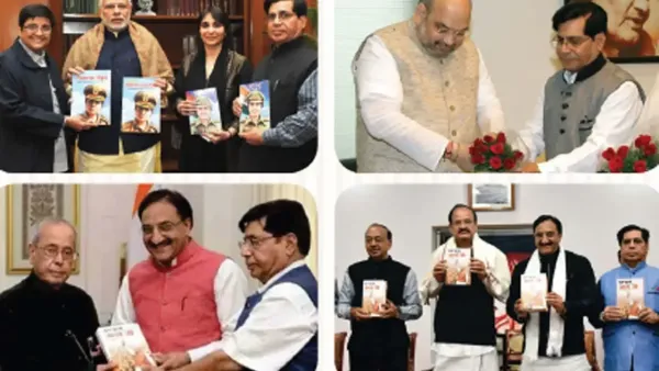 Collage showing prominent Indian political leaders and dignitaries releasing published books and presenting bouquets at prestigious events.