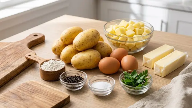 Bahan membuat potato pancake keju lumer. [AI Generated]
