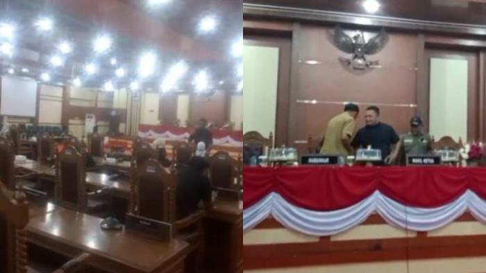 DPRD SULTRA - Kolase foto arsip suasana kursi Anggota Dewan Perwakilan Rakyat Daerah Sulawesi Tenggara (DPRD Sultra) pada Rapat Paripurna  Pengumuman Usul Pemberhentian/Pergantian Pimpinan DPRD di Kantor DPRD Sultra, Jl Abdullah Silondae, Kelurahan Mandonga, Kecamatan Mandonga, Kota Kendari, pada Jumat (21/08/2026) malam lalu (foto kiri. Rapat Paripurna dengan agenda dan tempat yang sama sedianya berlangsung pada Senin (24/08/2026), namun kembali ditunda bahkan sempat terjadi insiden 'pendudukan' kursi pimpinan dewan oleh salah seorang warga sekaligus politisi yang merangsek masuk ke ruangan.(Dok TribunnnewSSultra.com/Sugi Hartono, handover)