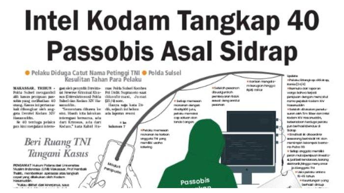 HEADLINE TRIBUN TIMUR - Headline koran Tribun Timur terkait Kodam XIV/Hasanuddin menangkap passobis asal Sidrap. 