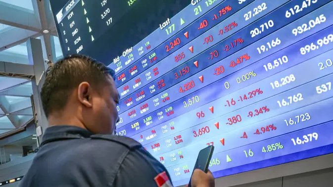 Seorang pria melihat ponselnya di depan layar yang menampilkan Indeks Harga Saham Gabungan (IHSG) (BAY ISMOYO/AFP)