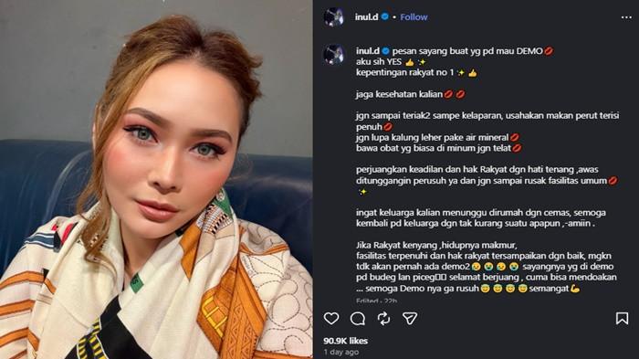 DUKUNGAN INUL -- Menyikapi demonstrasi di Jakarta (27/8/2026), pedangdut Inul Daratista memberikan dukungan moral sekaligus pesan keselamatan bagi para peserta aksi. Lewat Instagram pribadinya, Inul mengingatkan pendemo untuk menjaga kesehatan fisik, mengisi perut, dan membawa obat-obatan.