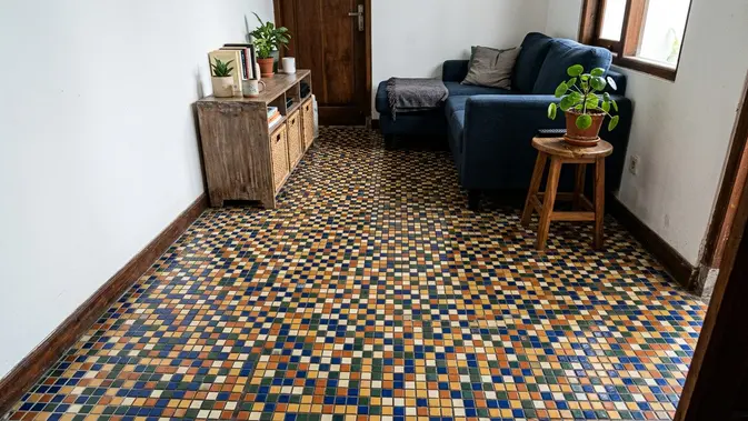 Motif Keramik Mosaik Kecil dengan Kontras Warna Tinggi. AI Generated