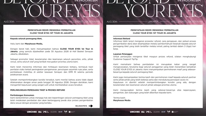 Pengumuman Resmi Pembatalan Konser CLOSE YOUR EYES di Jakarta (credit: x.com/Maryhouse_ent)