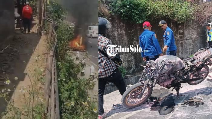 KOLASE. Sepeda motor Honda Tiger terbakar dalam kecelakaan di turunan Kenteng, Jalan Solo-Semarang, Rabu (26/8/2026).