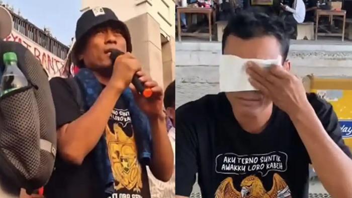 DEMO DI JAKARTA: Aktivis asal Pati, Supriyono alias Botok berurai air mata saat diberikan benda berharga oleh driver ojol jelang demo hari ini, Kamis (27/8/20260.