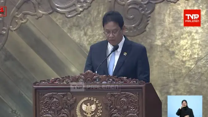 Menkeu Purbaya saat Rapat Paripurna DPR di Jakarta, Kamis (27/8/2026). (Liputan6.com/Arief Rahman H)