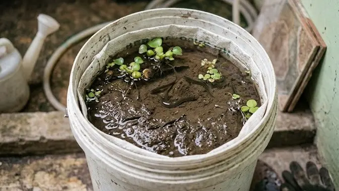 Kombinasi Ember dan Karung untuk Ternak Belut di Rumah. [AI Generated]