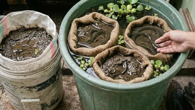 Kombinasi Ember dan Karung untuk Ternak Belut di Rumah. [AI Generated]