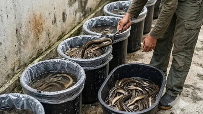 Kombinasi Ember dan Karung untuk Ternak Belut di Rumah. [AI Generated]