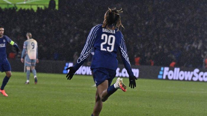 Selebrasi penyerang PSG, Bradley Barcola setelah mencetak gol ke gawang Manchester City pada pekan ketujuh Liga Champions, Kamis (23/1/2025) dini hari WIB.