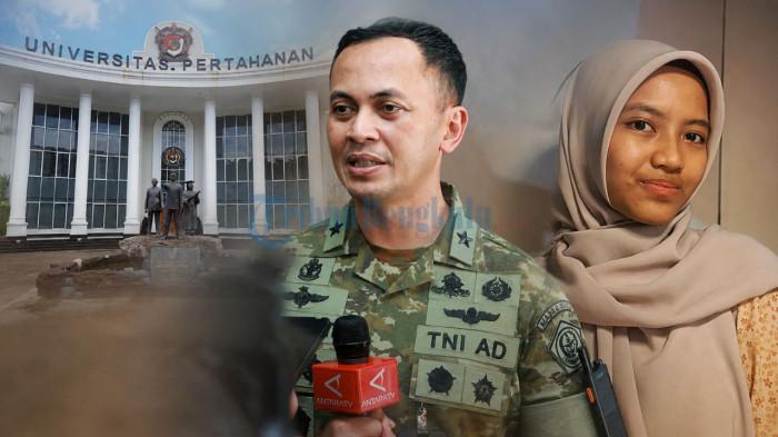 UNIVERSITAS PERTAHANAN - Kolase foto Karo Infohan Setjen Kemenhan Brigjen Rico Ricardo Sirait (tengah) dan A Wafa Ahdina (kanan). Kemenhan membantah adanya pelarangan penggunaan hijab bagi kadet perempuan Unhan setelah kisah Wafa viral di media sosial.