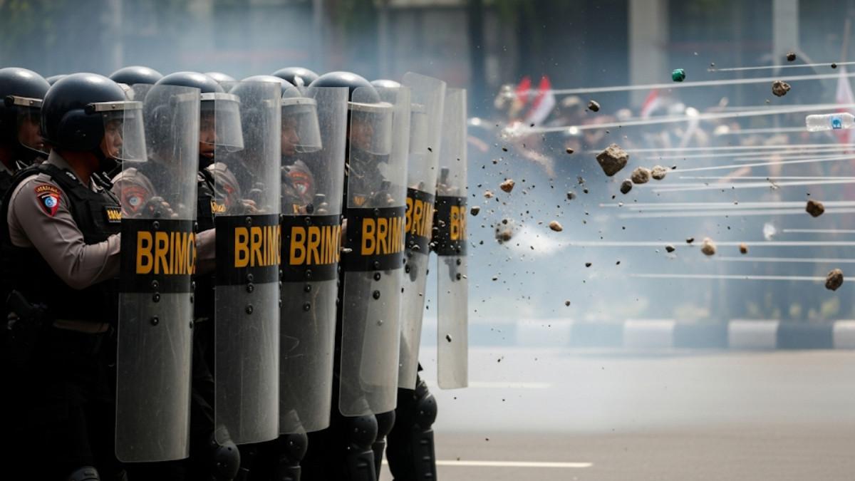 DEMO DI JAKARTA - Foto ilustrasi polisi sedang menahan gempuran dari pendemo. Viral curhatan polisi dukung mahasiswa dan inging gabung dengan pendemo untuk meruntuhkan DPR.