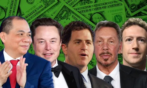 From L: billionaires Pham Nhat Vuong, Elon Musk, Michael Dell, Larry Ellison, Mark Zuckerberg. Graphic by Read/Dat Nguyen. Photos by Read, Getty Images and NurPhoto via AFP