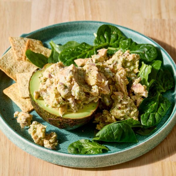 an image of the Salmon Salad-Stuffed Avocado Credit: Photographer: Jake Sternquist, Food Stylist: Lauren McAnelly, Prop Stylist: Addelyn Evans
