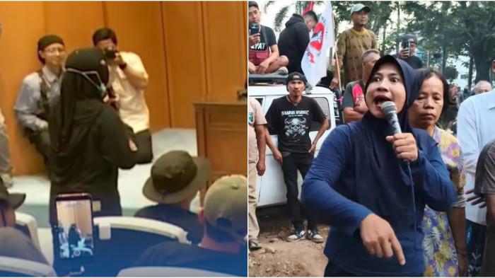 ORASI - (Kanan) Anik Sriningsih, aktivis Aliansi Masyarakat Pati Bersatu, berorasi dan mengeluh di depan para pimpinan DPR RI di Gedung Parlemen saat aksi demonstrasi, Kamis, (27/8/2026).
