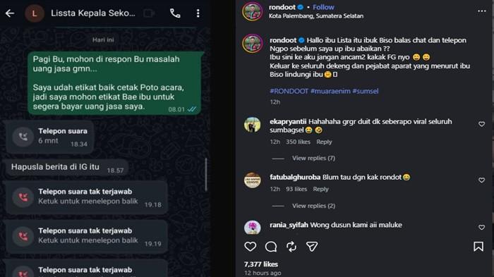 KISAH PILU -- Unggahan selebgram @rondoot mengungkap kasus penunggakan uang jasa foto acara PAUD di Muara Enim senilai Rp600 ribu. Sang fotografer mengaku akses komunikasinya diputus usai menagih haknya, padahal dana tersebut sangat krusial untuk membeli alat bantu tangan palsu sang anak. Setelah ini viral,, pihak PAUD meminta sang FB menghapus pemberitaan di IG yang sudah diunggah oleh Rondoot tersebut.