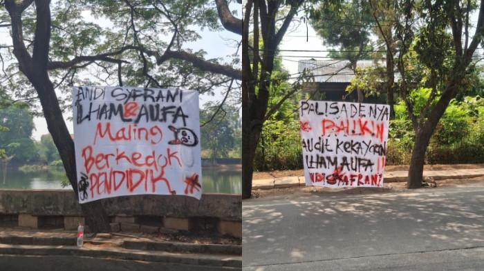 Spanduk tudingan di JPO Ciputat, dan kawasan Setu Sasak Pamulang