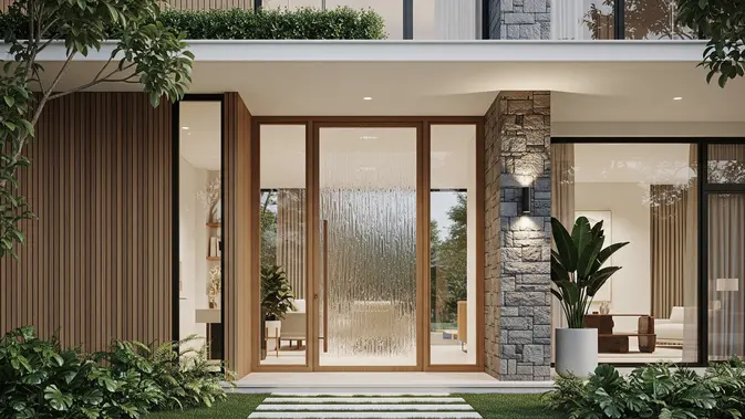 Pintu Kaca Bermotif Rain Glass. (AI Generated)