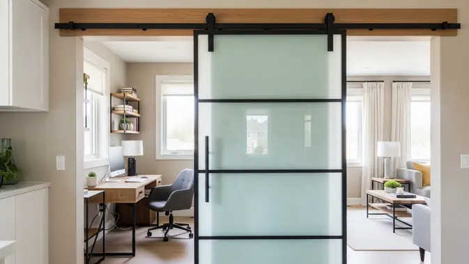 Pintu Geser Kaca Buram (Sliding Barn Door). (AI Generated)