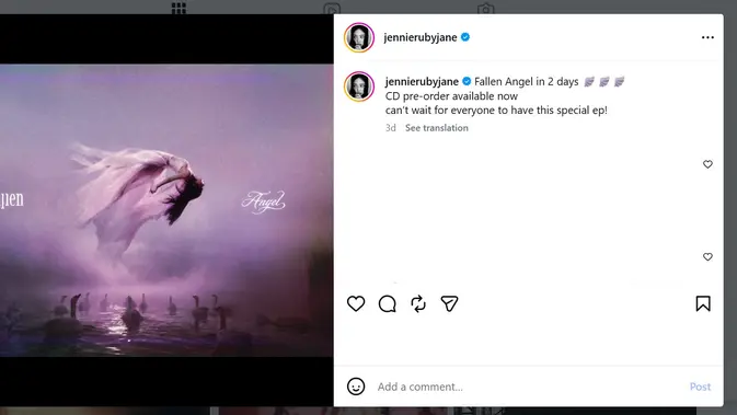 Jennie BLACKPINK rilis Fallen Angel (instagram.com/jennierubyjane)