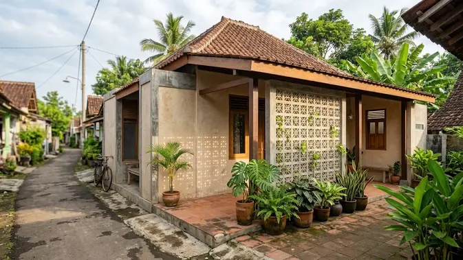 Desain Rumah Kampung dengan Roster dan Tanaman (AI Generated)
