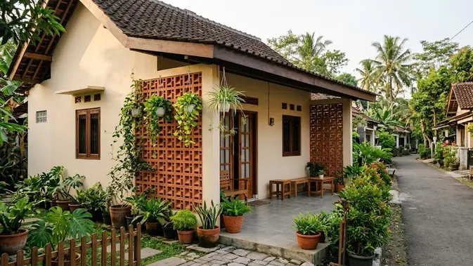 Desain Rumah Kampung dengan Roster dan Tanaman (AI Generated)