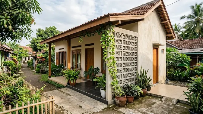 Desain Rumah Kampung dengan Roster dan Tanaman (AI Generated)