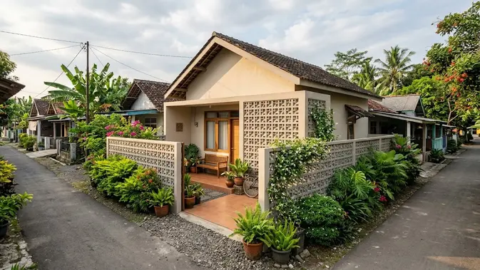 Desain Rumah Kampung dengan Roster dan Tanaman (AI Generated)