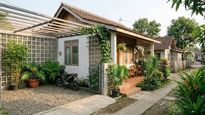 Desain Rumah Kampung dengan Roster dan Tanaman (AI Generated)