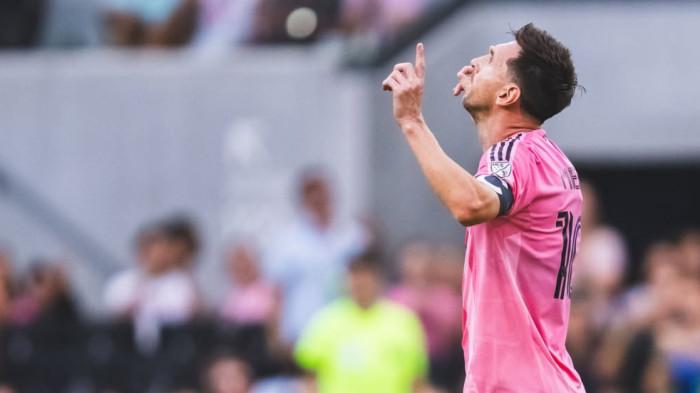 SELEBRASI - Selebrasi pemain Inter Miami, Lionel Messi saat cetak gol ke gawang Portland di MLS 2026 pada Senin (18/5/2026) pagi WIB.