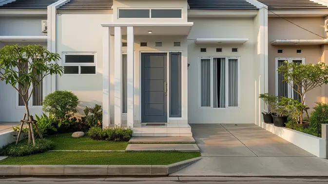Pintu Abu-abu Cerah dan Pilar Putih/Kombinasi Warna Pintu dan Pilar Teras Rumah Minimalis (AI generated)