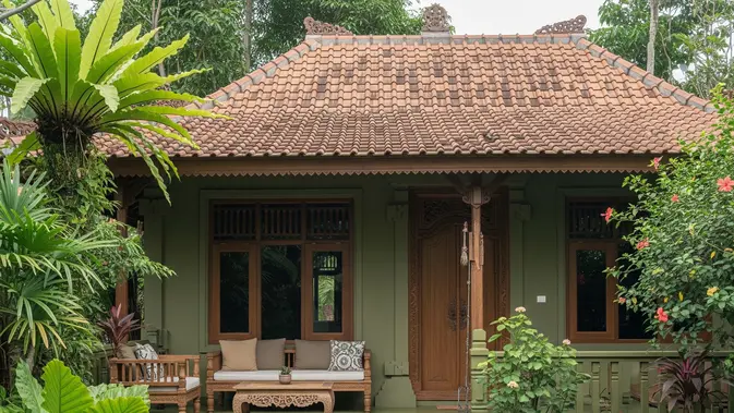 Hijau Zaitun/Warna Cat Teras Rumah yang Cocok dengan Atap Genteng (AI generated)