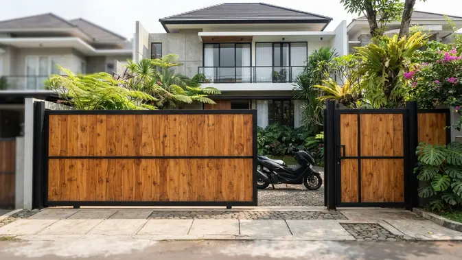 Pagar Kayu dengan Frame Besi Hitam. Foto: AI Generated