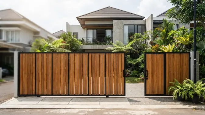 Pagar Kayu Vertikal Simetris. Foto: AI Generated
