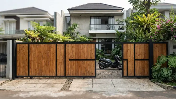 Pagar Kayu dengan Aksen Garis Hitam. Foto: AI Generated