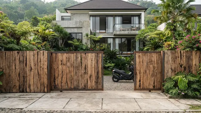 Pagar Kayu Motif Serat Kasar (Rustic-Modern). Foto: AI Generated