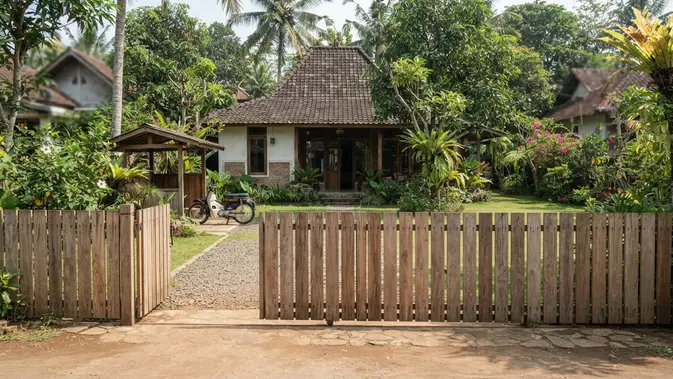 Pagar Kayu Vertikal Sederhana Khas Pedesaan. Foto: AI Generated