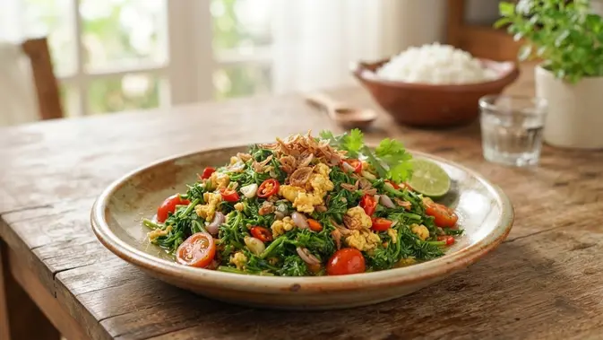 Tumis Daun Wortel Telur Orak-ari. (AI Generated)