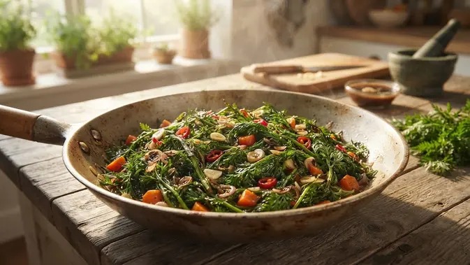Tumis Daun Wortel Saus Tiram. (AI Generated)