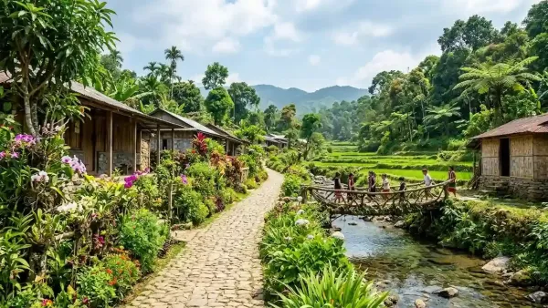 Beautiful clean Mawlynnong village path with colorful blooming flowers, wooden cottages, stream bridge, and happy local children.