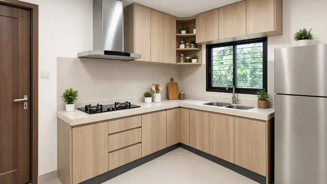Dapur Bentuk L dengan Meja Sudut. (Gambar: AI Generated)