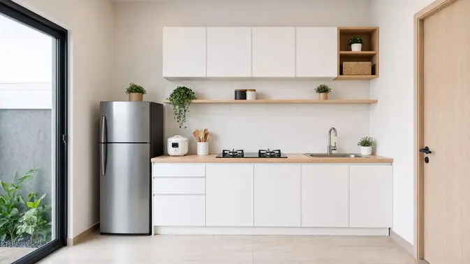 Dapur Linear dengan Kabinet Atas Minimalis. (Gambar: AI Generated)