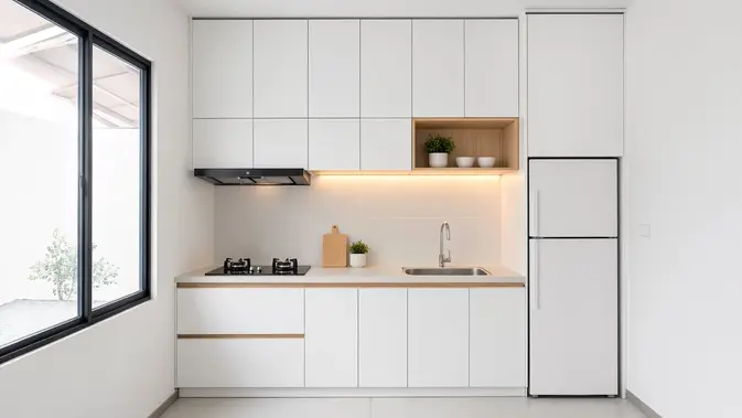 Dapur Putih dengan Kabinet Full Height. (Gambar: AI Generated)