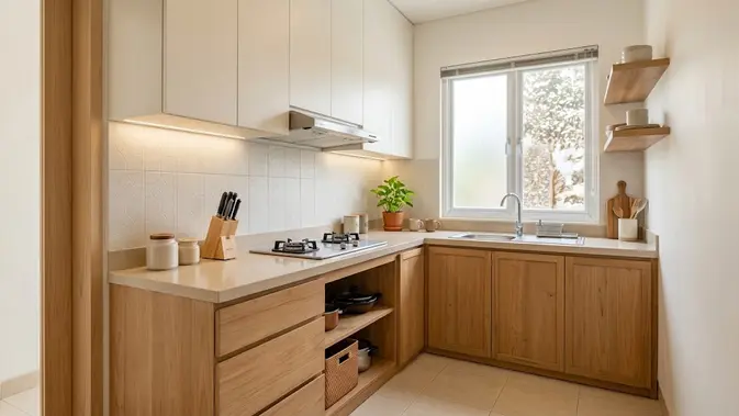 Dapur Minimalis dengan Kabinet Dua Warna. (Gambar: AI Generated)